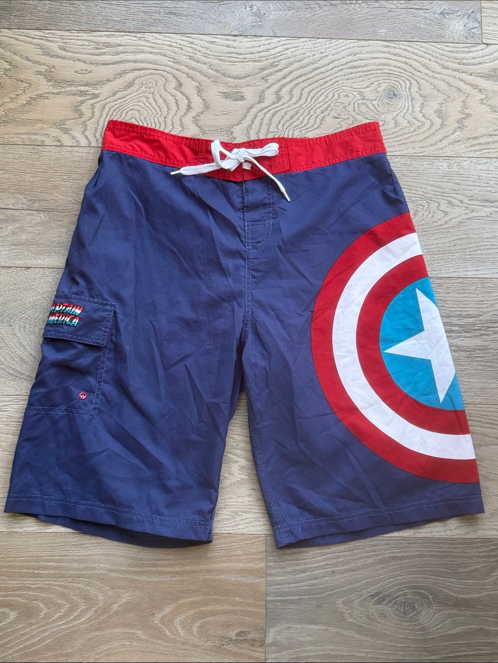 Marvel Captain America Swim Cargo Pocket Shorts Mesh Lined in Navy, Red & White